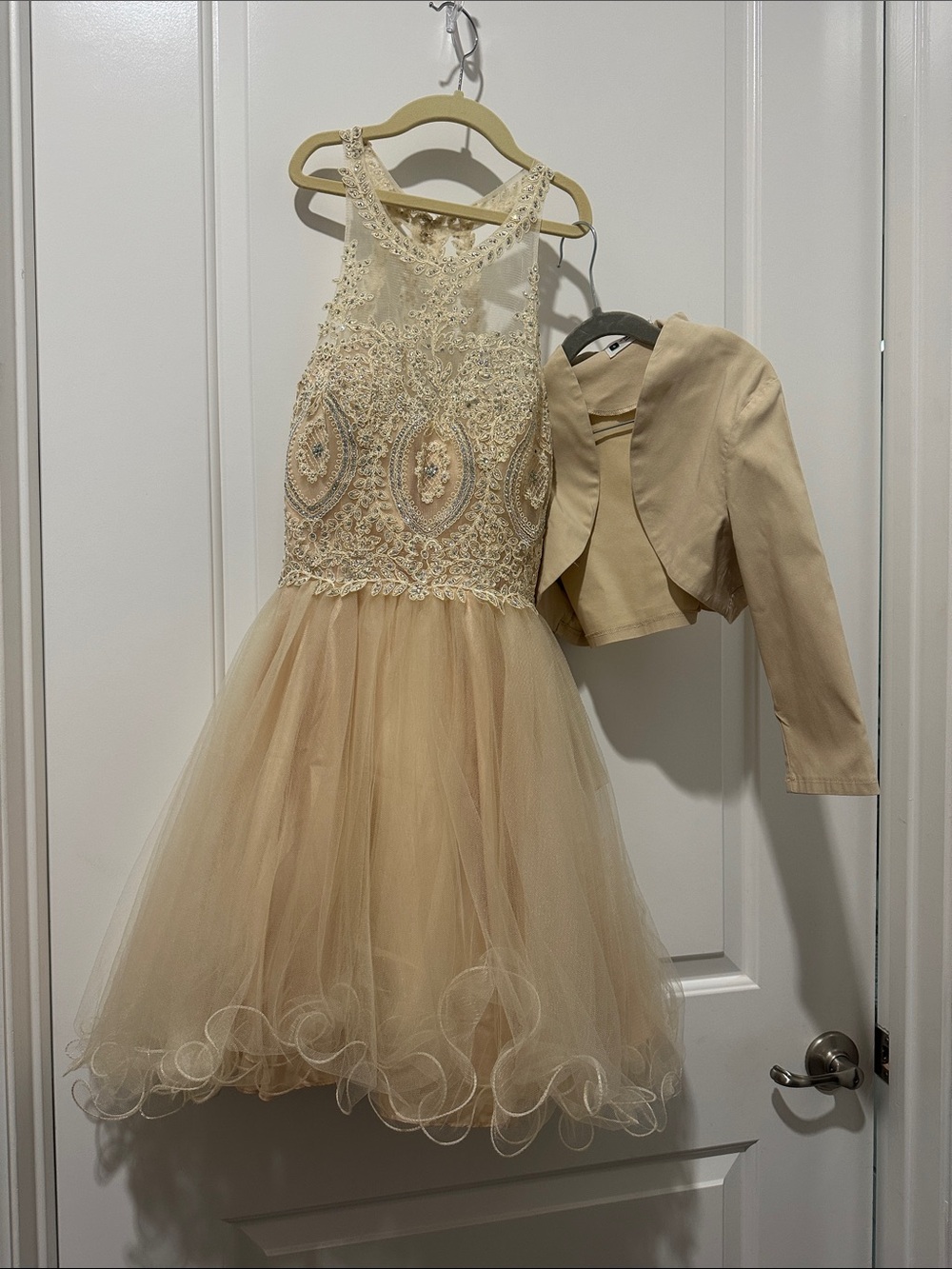 Embroidered Tulle Prom Dress in Champagne